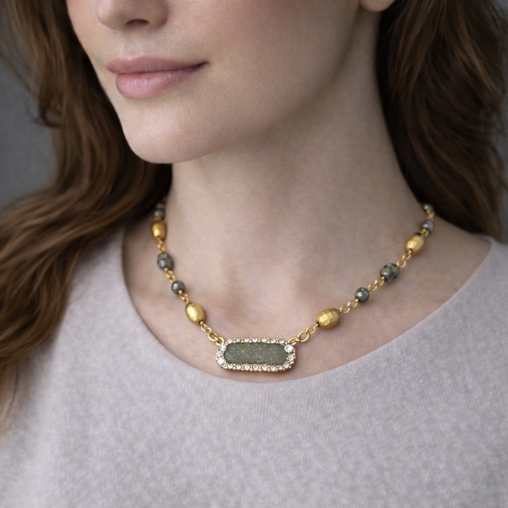 Green Druzy Choker Necklace 24K Gold Pyrite Swarovski Halo by Matana Jewelry